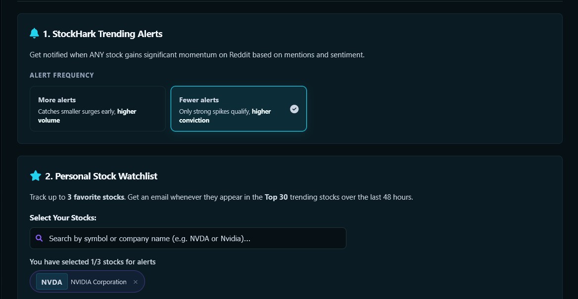 StockHark Alerts preferences page showing master toggle, frequency selector and watchlist